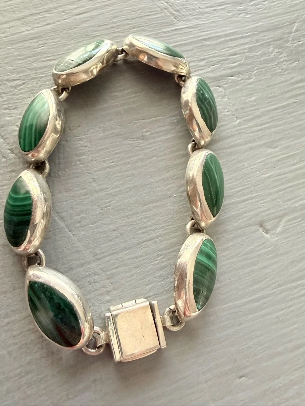 Taxco Mexico Malachite Stone Sterling Silver Chunky Bracelet